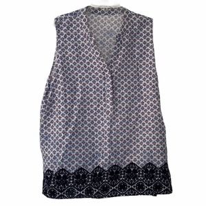 Blue & Pink Star Flower Linen Blend VNeck Tank Top